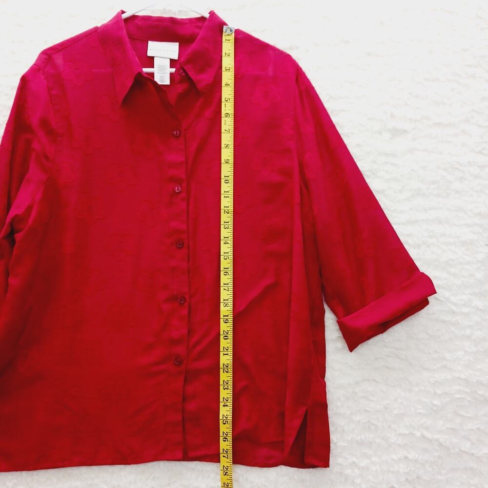 Blouse Button Up Red Floral Embossed Office Siren Minimalist Chic Festival Sz L - Picture 5 of 10